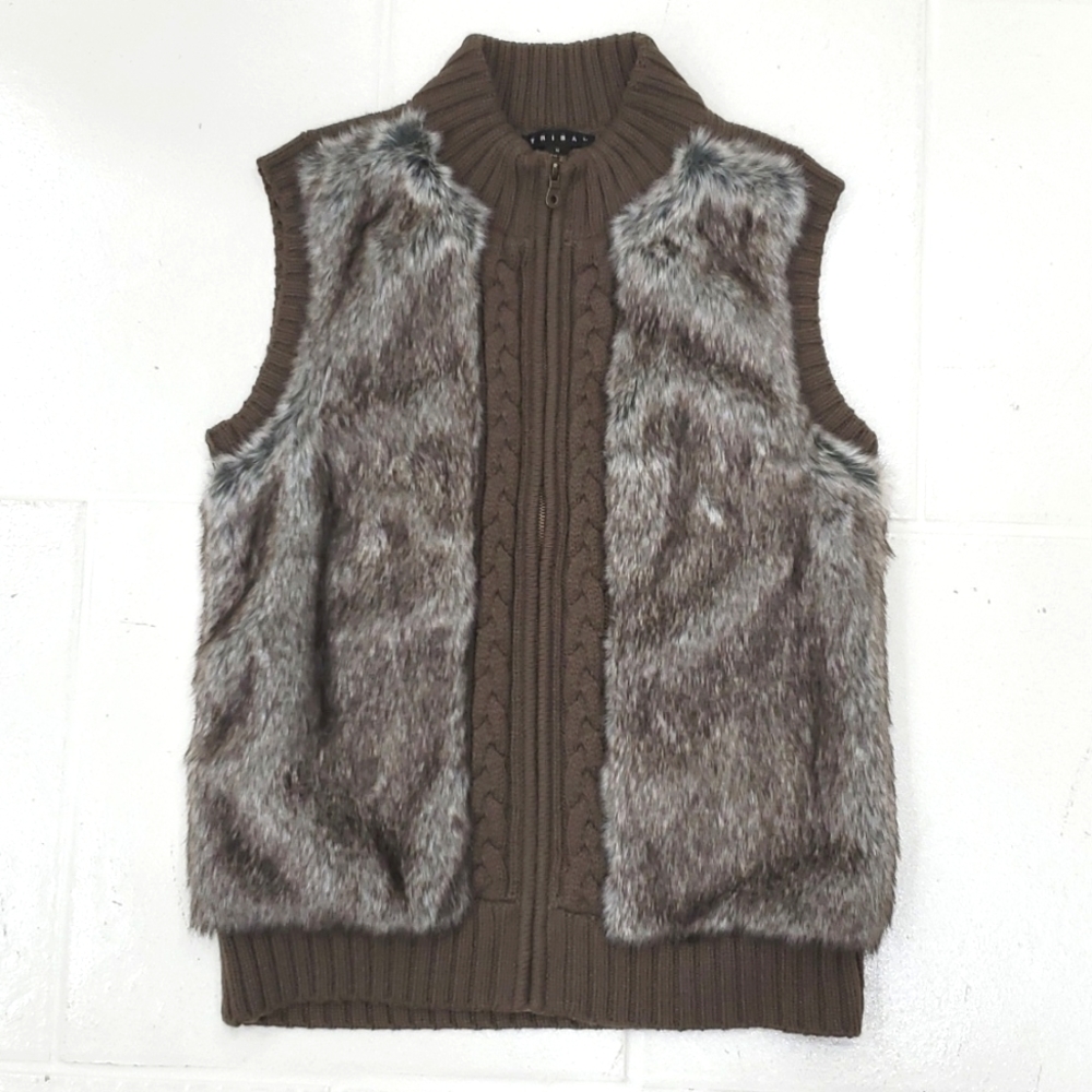 Tribal faux fur sweater vest women's medium olive taupe wool blend cable knit